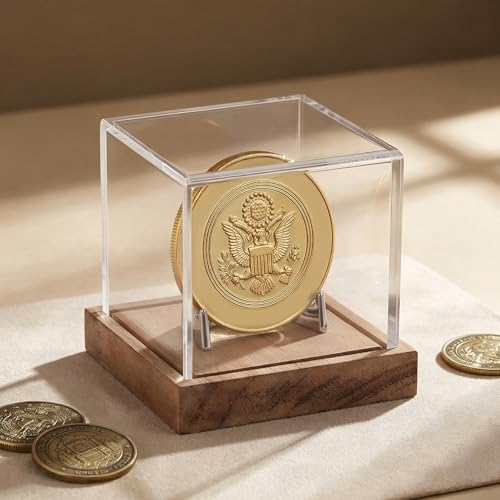 Image of Clear Acrylic Coin Display Case with Wood Base & Alloy Holder, Memorabilia Stand Cube Holder, Dust Protection Transparent Storage Box for Single Challenge Coin Souvenir Coin Collections