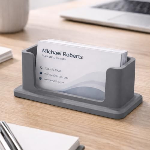Image of Modern Minimalist Visiting Card Holder for Desk - Premium Plastic Business Card Stand, Office Table Card Organizer for Professionals, Reception, Home Office (Grey)