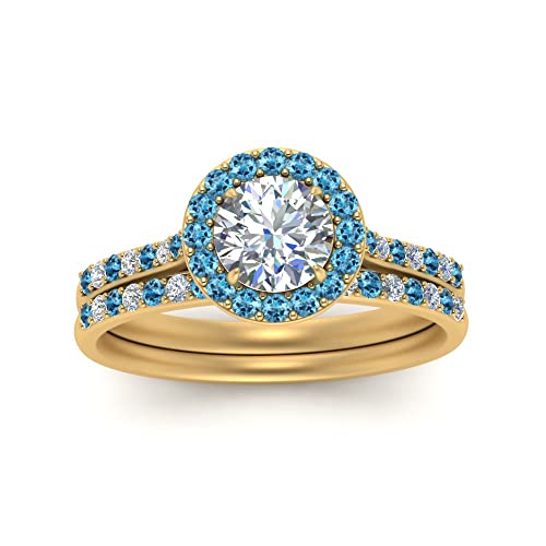 Image of Choose Your Gemstone Round Halo Ring with Matching Pave Band Yellow Gold Plated Round Shape Wedding Ring Sets Everyday Jewelry Wedding Jewelry Handmade Gifts for Wife US Size 4 to 12