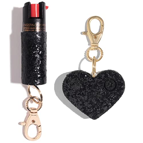 BLINGSTING Self Defense Kit - Professional Grade, Maximum Strength Pepper Spray with UV Marking Dye & Personal Safety Alarm (Black Glitter & Black Heart)