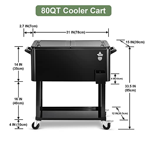 EDOSTORY 80 Quart Rolling Ice Chest Cooler Cart,Patio Backyard Party Drink Beverage Bar Stand Up Cooler Trolley with Ice Scoop