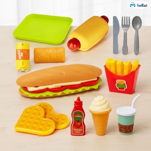 Image of FunBlast Food Play Set for Kids - 18 Pcs Fast Food Play Toys for Kids, Pretend Play Toys for Girls, Role Play Toys for Children, Burger Toy and French Fries Ice Cream Toys - Multicolor