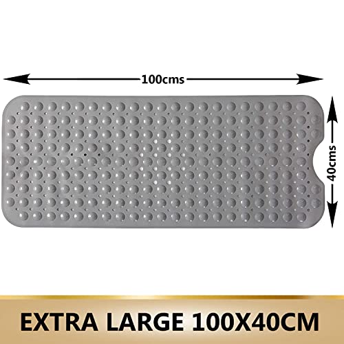 Image of TurtleGrip Anti-Slip Shower Mat, 100x40 cm Soft-Pebble (Grey), Anti-Skid Extra Large Bath Mat with Suction Cups, Machine Washable Bathroom Mats with Drain Holes
