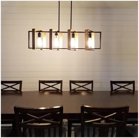 Miniatura 6 de Lámpara colgante industrial de 4 cabezales, luz de mesa de estilo americano retro con madera maciza y hierro, perfecta para decoración de comedor y