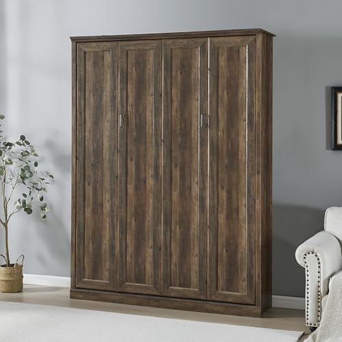 YOPTO Murphy Bed Cabinet Queen Size with Half Self-Close and Open,Hidden Folding Wall Bed Chest W/Metal Bed Frame & Legs,Wood Slats Support,Space-Saving for Bedroom,Guest Room,Home,Office,Brown