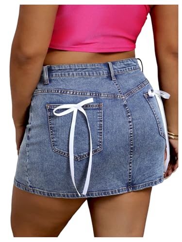 Floerns Women's Plus Size Bowknot Denim Skirts High Waist Stretchy Y2k Short Jean Skirts