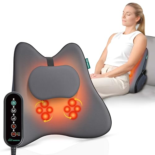 Snailax Cojín lumbar ergonómico con masaje y calor, cojín lumbar shiatsu de espuma viscoelástica, cojín con 3 intensidades de masaje, 2 niveles de calor, 3 temporizadores, cómoda postura