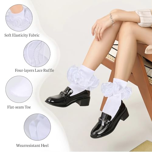 Image of Women White Ruffle Socks Turn Cuff, Double Lace Ankle Socks Cotton Lace Frilly for Ladies(Size 6-11, 3 Pairs)