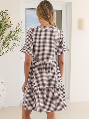 Image of Caracilia Dresses for Women Summer 2026 Striped V Neck Ruffle Sleeve A Line Tiered Flowy Casual Mini Beach Dress with Pockets