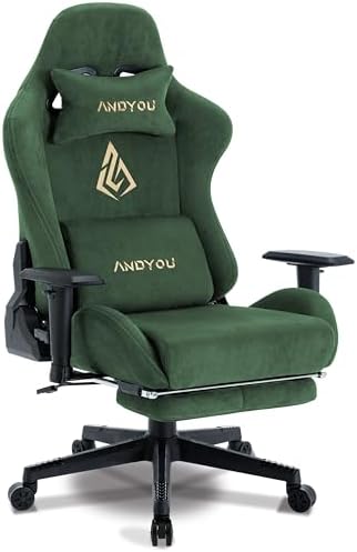 Bild 11 - Andyou Gaming Stuhl, Luxuriöser Wildlederimitat Gaming Chair Ergonomischer Bürostuhl, Atmungsaktiver Schreibtischstuhl PC Stuhl mit Fußstütze, Kopfkissen und Armlehnen, 200 kg, Grau