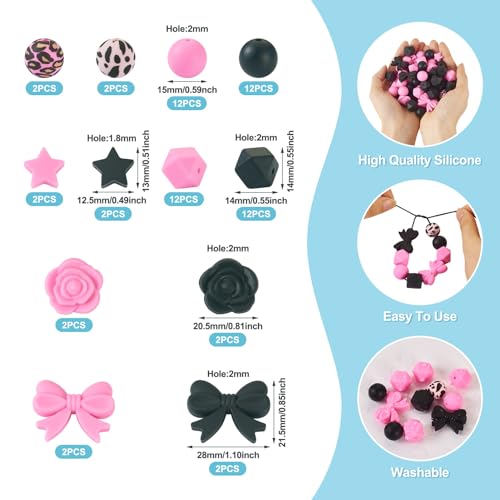 Magibeads 64Pcs Black Pink Silicone Focal Beads 15mm Round Beads Leopard Print Star Flower Rose Bowknot Spacer Beads for Crafts DIY Pens Keychain Lanyard Jewelry Making Supplies
