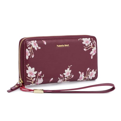 Pomelo Best Womens Wallet RFID Blocking Leather Multi Credit Card Large Capacity Wristlet Zip Around Long Wallets for Lady, Burgundy, 37.2 cubic inches