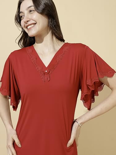 Image of 9shines Label Stylish Soft Modal Maxi Nighty | Honeymoon Nighty | Full Length Trendy Nightgown | V-Neck Lace | Premium Nightdress | Soft Long Nightdress | Maxi Gown Nightwear for Women (Malai Satin)