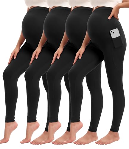 Image of Siimcuzy 4 Pack Women’s Maternity Leggings with Pockets Over The Belly Pregnancy Workout Yoga Pants Activewear