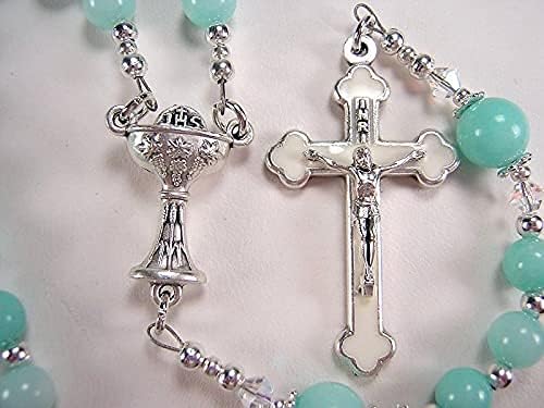 Miniatura 3 de Girls Aqua Rosary 1st Communion Catholic Aqua Jade Gemstone Beads 16 34in Chica Primera Comunión Rosario