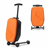 Scooter Luggage For Kids & Adults， Hardside Ride On Suitcase For Kids Ages 4-15 Multifunctional Lightweight Foldable Carry On Luggage With Wheels Ride On For Children Teenagers（Orange）