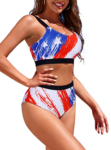 Image of Womens High Waisted Bikini Sets Sporty Crop Top Color Block Swimwear Bandeau Scoop Neck Vintage Two Piece Bathing Suits