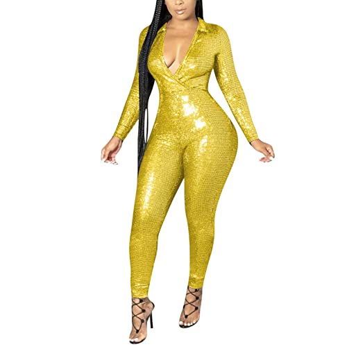 Annystore Women's Sexy Sparkly Jumpsuits Deep V Neck Long Sleeve Party Rompers High Waisted Skinny Long Pants Yellow L
