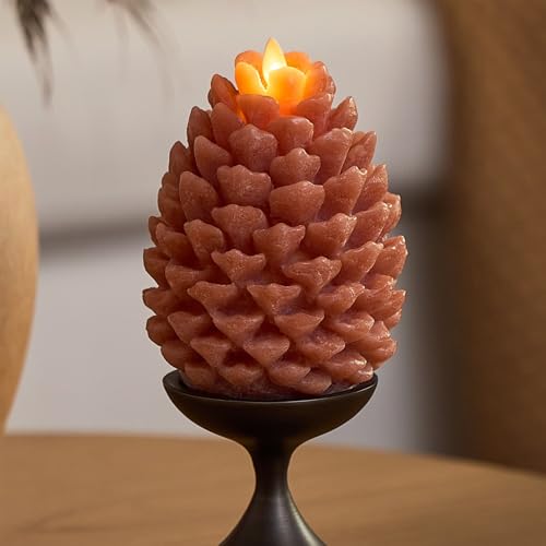 Image of Luminara Flameless Candle 3.9 inchx4.3 inch Battery Operated with Timer Real Wax Unscented LED Pinecone Caramel Cafe Chalky Finish Pine Cone Figural Holiday Decoration Rustic Centerpiece Table Decor