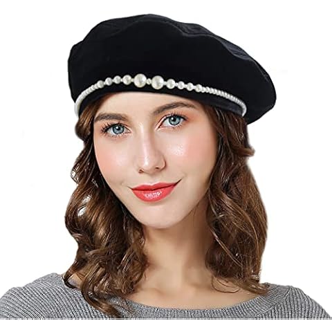 AICHUAN Women French Beret,Velvet Pearls Beret Fall Winter Vintage Beanie Hat for Ladys Cover