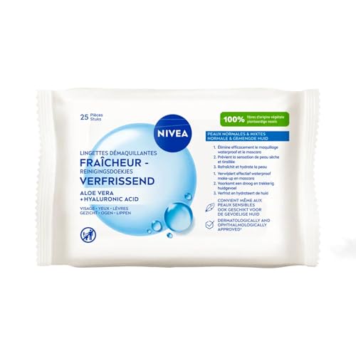 NIVEA - Lingettes Démaquillantes Fraîcheur - Efficacité Waterproof - Visage, Yeux, Lèvres - Aloe Vera & Acide Hyaluronique - Tissu en Fibre d'Origine 100% Naturelle - Peaux Normales à Mixtes - x 25