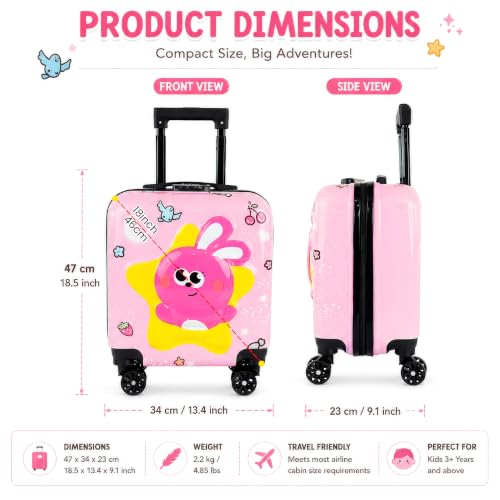 Image of Storite 18In Kids Luggage Trolley Hard Shell Cabin Suitcase | Cartoon Bunny Star Design Suitcase Ideal For School Trips Vacations Holidays And Weekend Travel(Peach Pink-35 x 23 x 38 Cm)