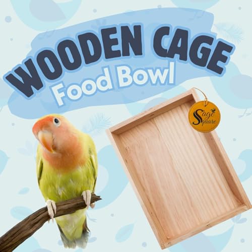 Image of Sage Square Bird Cage Wooden Feeding Bowl - Natural, Hand-Made, Sturdy & Stylish, Ideal for Birds, Parrots, Small Pets, Perfect for Food, Treats, Safe Cage Accessory (8 x 6 inch)