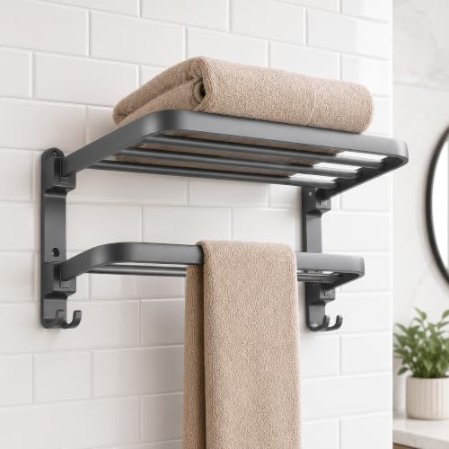 Image of Amazon Basics 40 CM Powder - Coated Aluminium Towel Rack for Bathroom with Hooks - Rust - Free, Space - Saving Bathroom Towel Holder Easy Installation Grey