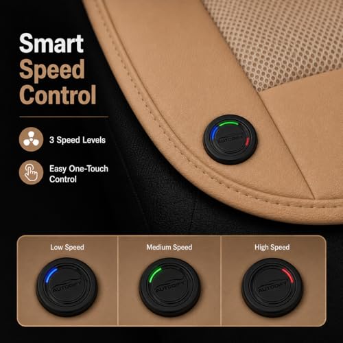 Image of Car Ventilated Cooling Seat Cushion Cover with 10 Powerful Fans & 3 Adjustable Cooling Levels, Breathable Fabric + Beige Leather Universal Fit for All Cars, Large Airflow