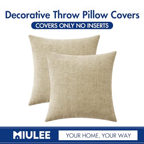 Image of MIULEE Pack of 2 Beige Throw Pillow Covers 20x20 Inch Soft Chenille Pillow Covers for Sofa Living Room Spring Home Decor Couch Solid Dyed Cases