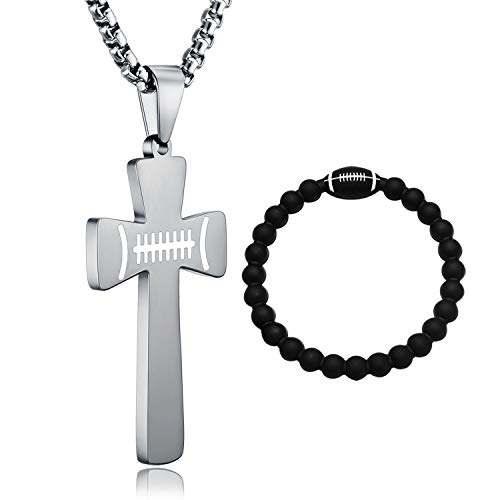 XIEXIELA Football Cross Pendant Necklace for Boys,Football Silicone Bracelets,I CAN DO All Things Strength Bible Verse Stainless Steel Necklace for Kids Boys Son Men Silver