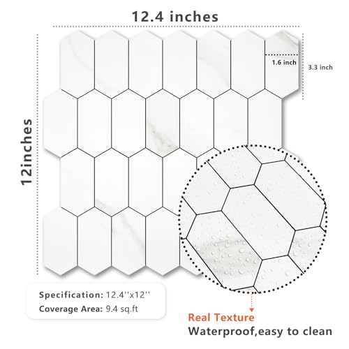 Vamos Tile Long Hexagon Peel and Stick Backsplash Tile - 10 Sheets Stick on Backsplash for Kitchen and Bathroom 12.4 x 12 Inch White Marble Look PVC Self Adhesive Mosaic Wall Tiles by Vamos Tile - Used condition - Image 7