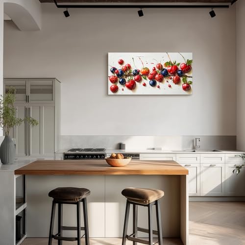 crmotu Still Life Fruit Wall Art, Rustic Kitchen Wall Decor Paintings, Fresh Cherry Strawberry Large Artwork, Modern Vibrant Pictures for Living Room Dining Room Restaurant Canvas Prints 20x40 Inch