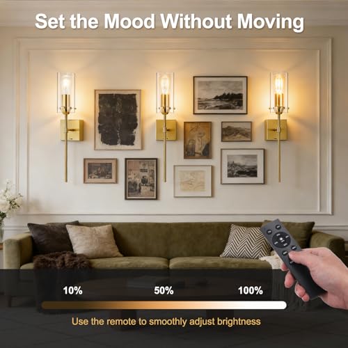 Image of Battery Operated Wall Sconce Glass Wireless Sconces Set of 2 Gold | Wall Sconces Rechargeable with Remote Control Dimmable Wall Light for Bedroom Living Room Hallway Entryway, 3000-6500K