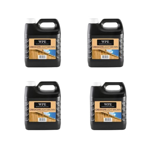 Image of WPE® Light Creocote Wood Treatment – Oil-Based Creosote Substitute for Fences, Sheds, Decking & Timber – Deep Penetrating, Long-Lasting Weatherproof Protection 4L Exterior Wood Preserver [4 Pack] 16L