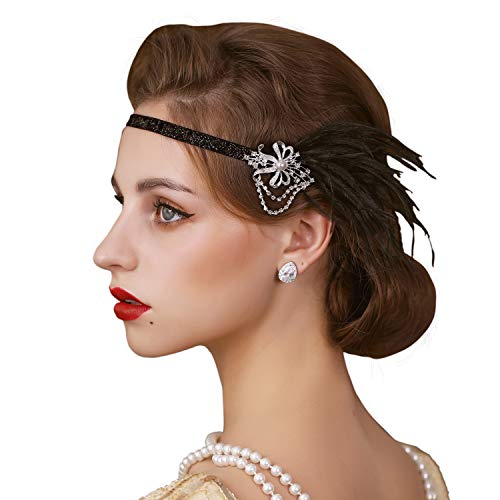 SWEETV Vintage 1920s Headband, Black Flapper Headpiece with Feather, Roaring 20s Great Gatsby Hair Accessories