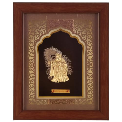 Image of Pk & Pk Jewellers Lord Radha Krishna with Peacock Feather | 24KT Gold Frame | Temple Collection | Extra Small Size [14x18 cm] (For Premium Gift, Temple, Table Decor, Home Decoration)