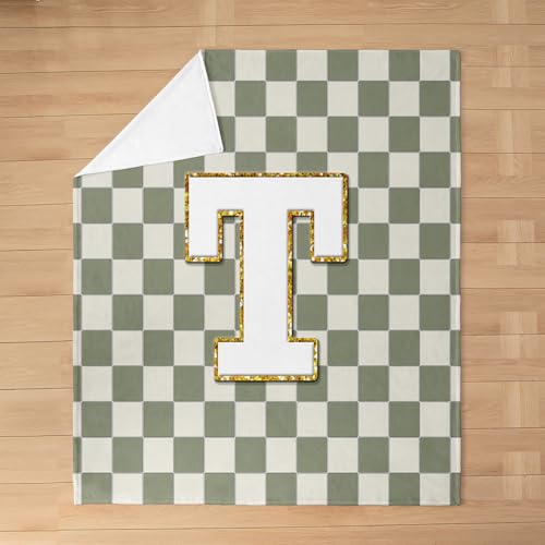Image of Erosebridal Sage Green Checkered Fuzzy Plush Throw Plaid Initial T Fleece Blanket Personalized Monogram Flannel Blanket for Kids Boys Girls,Fashion Grids Gingham Decor for Bed Couch Twin 60 inchx80 inch