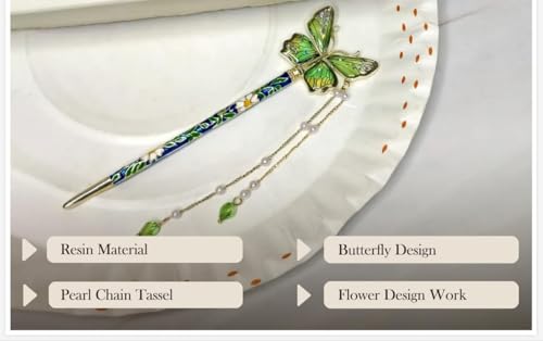 Image of HAIR WALA Decorative Butterfly Hair Juda Stick with Pearl Beads, Green and Gold Traditional Japanese Hair Pin, Floral Design