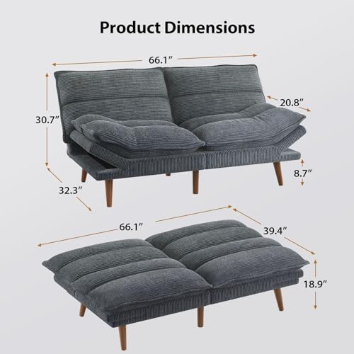 Image of Amada 66 inch Convertible Futon Sofa Bed, Corduroy Loveseat Sleeper Couch with Adjustable Backrest & Armrests, Memory Foam Folding Recliner for Living Room, Apartment, Office, Asphalt Grey