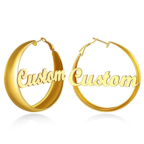 Custom4U Bamboo Hoop Earrings for Women Gold/Silver/Black Large Name Earrings Personalized - Hypoallergenic Lightweight Big Thick Hoops 30/40/50/60/70/80mm - Custom Made Birthday Christmas G