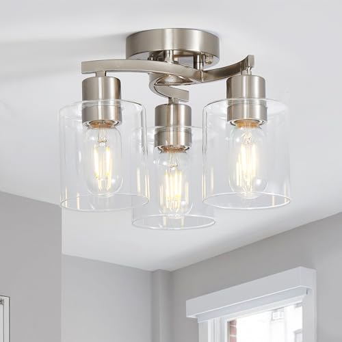 Image of 3-Light Ceiling Light, Semi Flush Mount Ceiling Light Fixture, Kitchen Lighting Fixtures Ceiling, Brushed Nickel Finish with Clear Glass Shade for Foyer Hallway Entryway