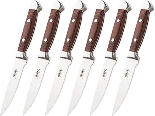 Viking Culinary German Stainless Steel Pakkawood Steak Knife Set, 6 Piece, Includes Wooden Gift Box, Handwash Only, Water & Stain Resistant Handles, Red #TOP5