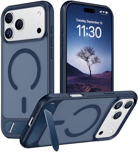 Image of Designed for iPhone 17 Pro Max Case, [Built-in Invisible Kickstand][Compatible with MagSafe][Military Grade Shockproof] Slim Translucent Matte Phone Case 6.9 inch (Blue)
