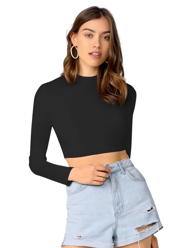 - Women's Round High Neck Full Sleeves Stylish Crop Top Polyester Blend Tshirt (16" Inches)