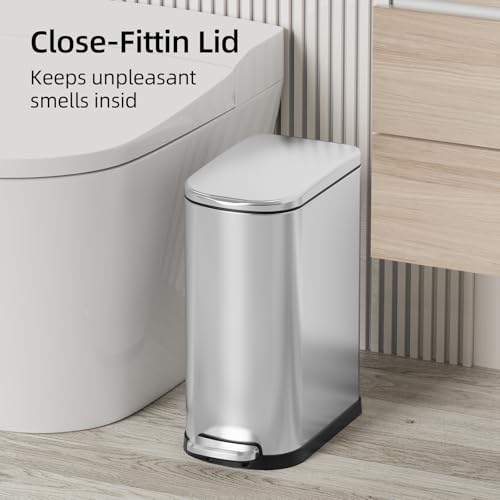 Image of KUK Slim Bathroom Trash Can with Lid, 2.6 Gallon (10 L) Stainless Steel Step Small Garbage Can with Removable Inner Bucket, Soft Close, Anti-Fingerprint Finish (Silver)