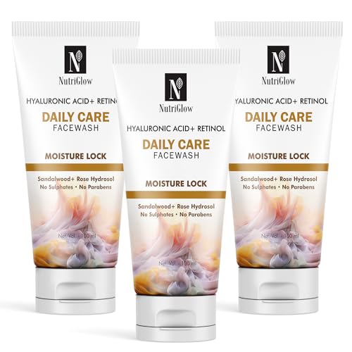 Image of NutriGlow Hyaluronic Acid & Retinol Daily Care Face Wash, Wrinkle Free Skin with Sandalwood, Sulfate Free, All Skin Types For Men And Women (100ml) Pack of 3