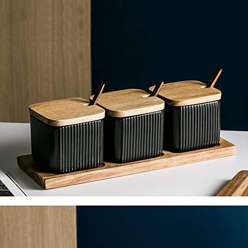 BIHOIB Black Porcelain Sugar Bowl Condiment Pot Salt Container with Wooden Lid Spoon and Tray Modern Spice Box Seasoning Jar Set of 3
