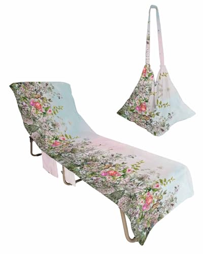 Spring Flower Beach Chair Towel Covers for Chaise Lounge With Side Pocket, Soft Plush Pool Towels Cover for Patio Sunbathing Outdoor 29''x85'' Butterflis Summer Pastoral Country French Plant