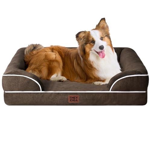 Image of EHEYCIGA Orthopedic Dog Beds for Large Dogs, Waterproof Memory Foam Large Dog Bed with Sides, Non-Slip Bottom and Egg-Crate Foam Pet Couch Bed with Washable Removable Cover, Brown